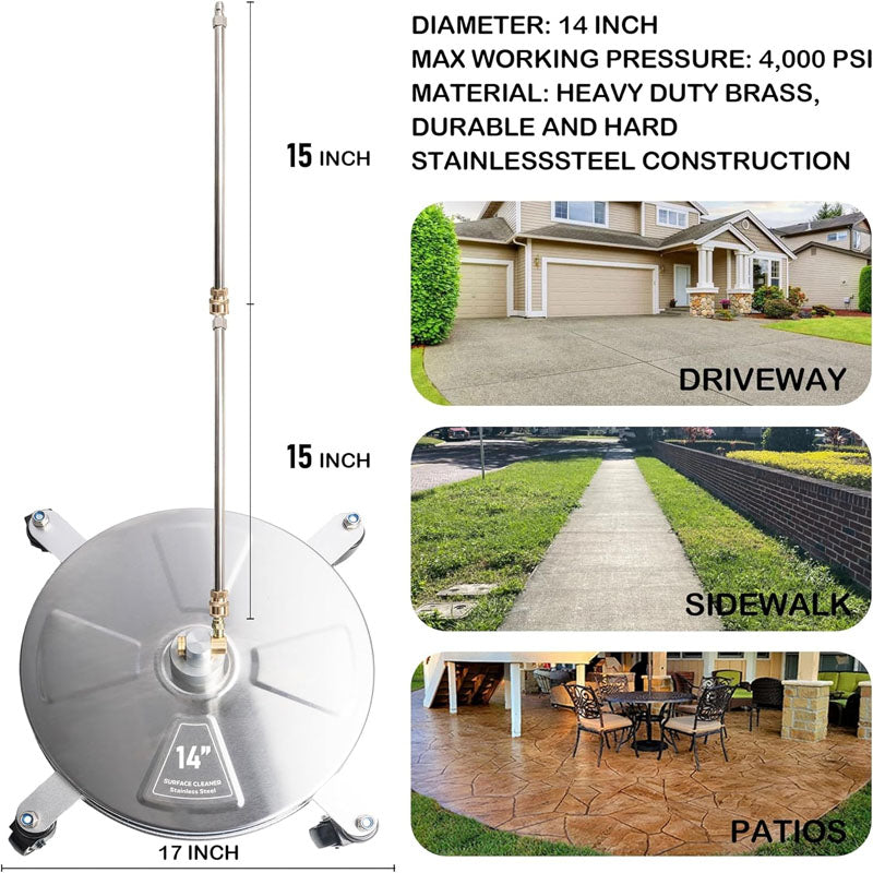 BowLift | 14 inch Pressure Washer Surface Cleaner with wheels 1/4" Quick-Connect Connector w/ 2 Extension Wand  For Floor Driveway Patio