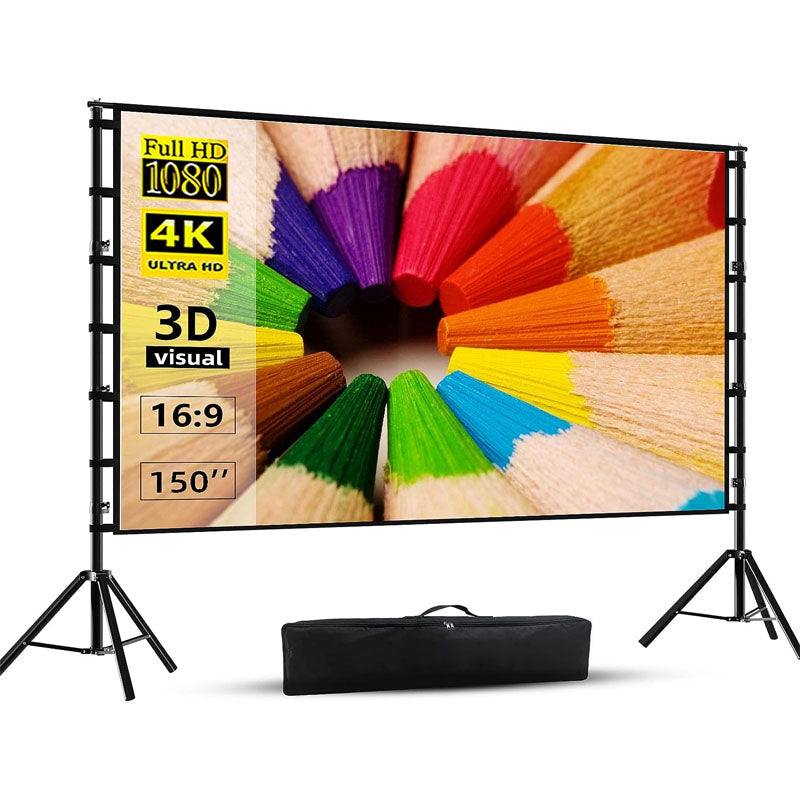 BowLift | 150 inch Projector Screens with Stand 16:9 4K 1080 HD Outdoor Movie Screen with Carry Bag Wrinkle-Free Design