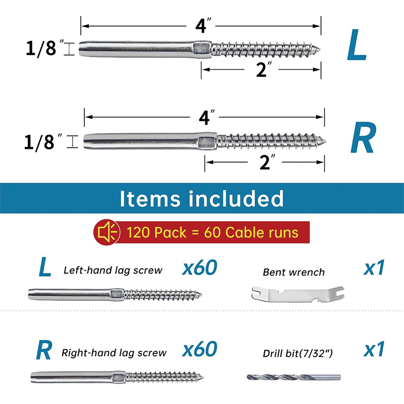 BowLift | 120Pack 1/8" Cable Railing Swage Threaded Stud Tension End Fitting Terminal,T316 Stainless Steel,for Wood/Metal Post