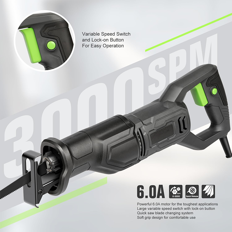 BowLift | 120V Reciprocating Saw, 6.0 Amp Variable Speed Corded Reciprocating Saw, Stroke Length 1-1/8 Inch, Speed 0-3000RPM, Max 4-1/2 Inch, Suitable for Wood, Metal, PVC Pipe Cutting