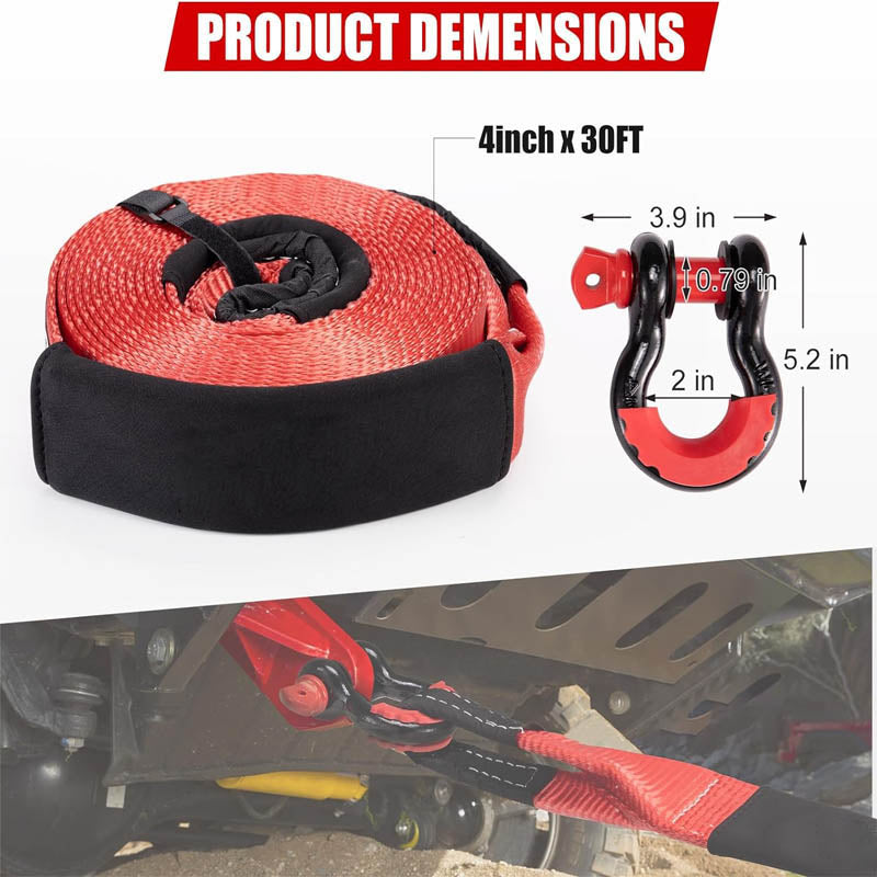 BowLift | 4”x 30FT Tow Straps Recovery Kit with D Ring Shackles 46,500 lbs Break Strength Emergency Off Road Towing Rope & Winch Extension