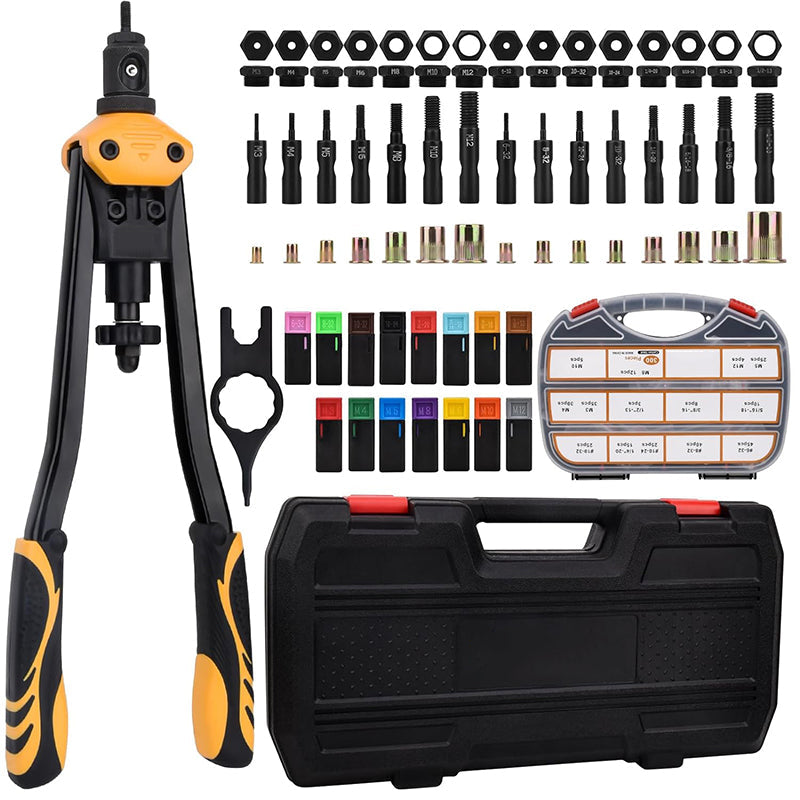 BowLift | 16'' Rivet Nut Tool Kit Rivnut Hand Tool Set with 15PCS Metric & Inch Mandrels M3 to M12, 6-32 to 1/2-13 and 300PCS Rivet Nuts Assortment