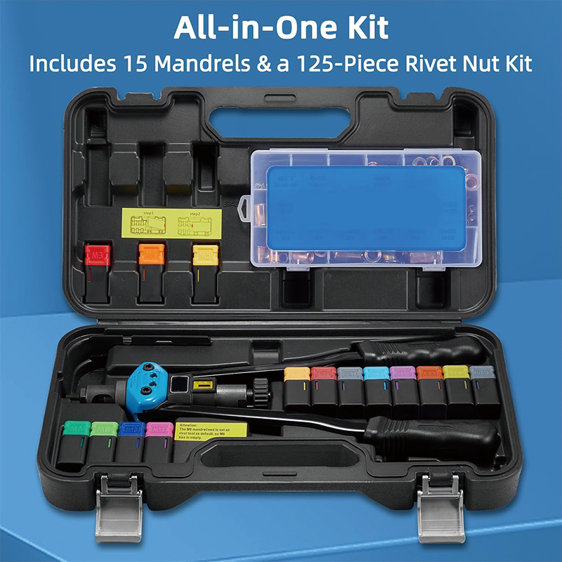 BowLift | 16" Rivet Nut Tool, 125-PCS Rivet Nut Assortment Kit with 15 Metric and SAE Mandrels for Sheet Metal & Automotive Work