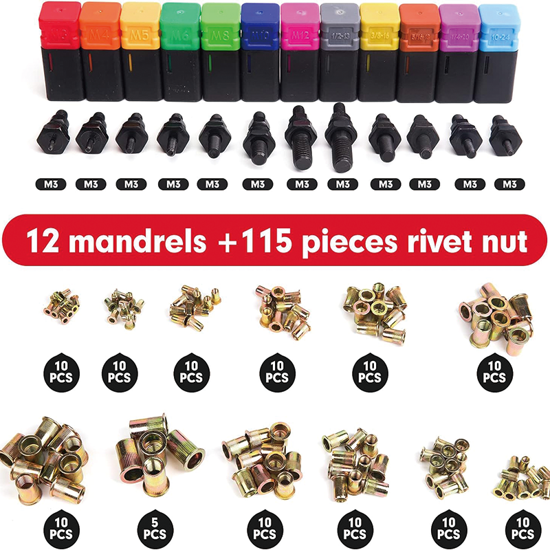 BowLift | 16" Rivet Nut Tool, Rivnut Tool Kit with 11 mandrels+110PCS Rivets Nuts, M3 M4 M5,m6,m8,m10 M12, 10-24, 1/4-20, 5/16-18,3/8-16