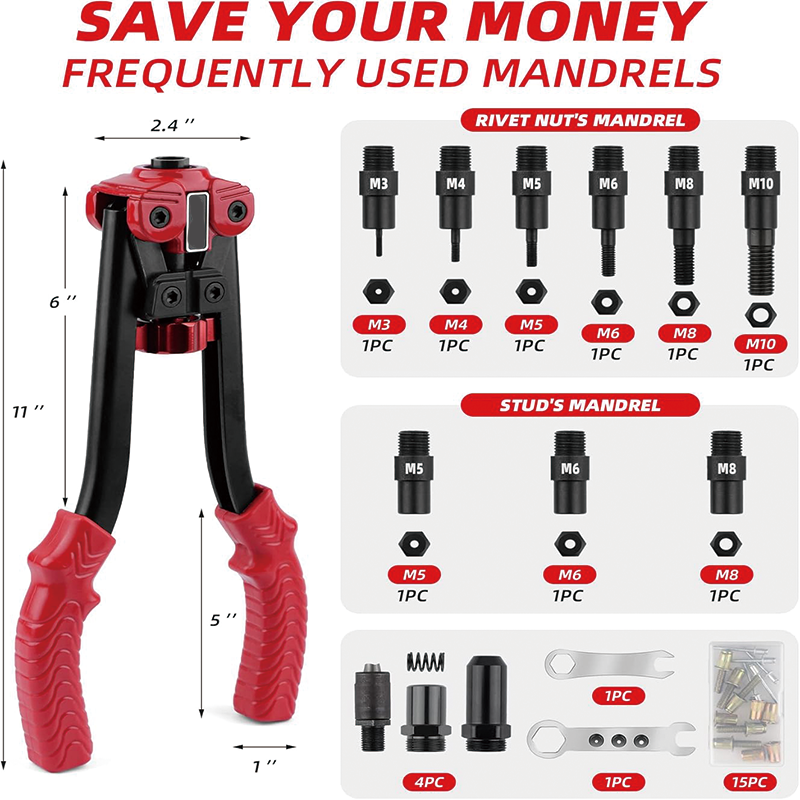 BowLift | 13" Rivet Nut Tool, Rivnut Tool Kit with a Step Drill Bit & 15 Rivet Nuts Assortment Kit 9 Metric Mandrels