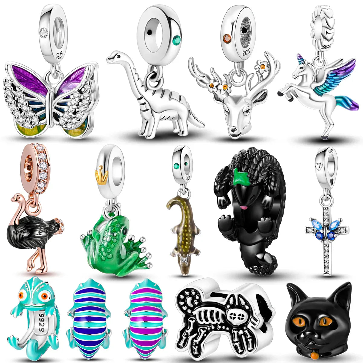BowLift | 925 Silver Golden Leopard Charms Beads Colorful Chameleon Rhinoceros Lion Scarab Cat Pendant Compatible with Original Pandora Bracelet Jewelry