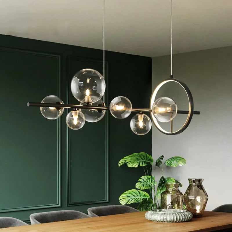 BowLift | Modern creative metal chandelier lighting: 7/10 clear glass bubbles, long round design with G9 light socket