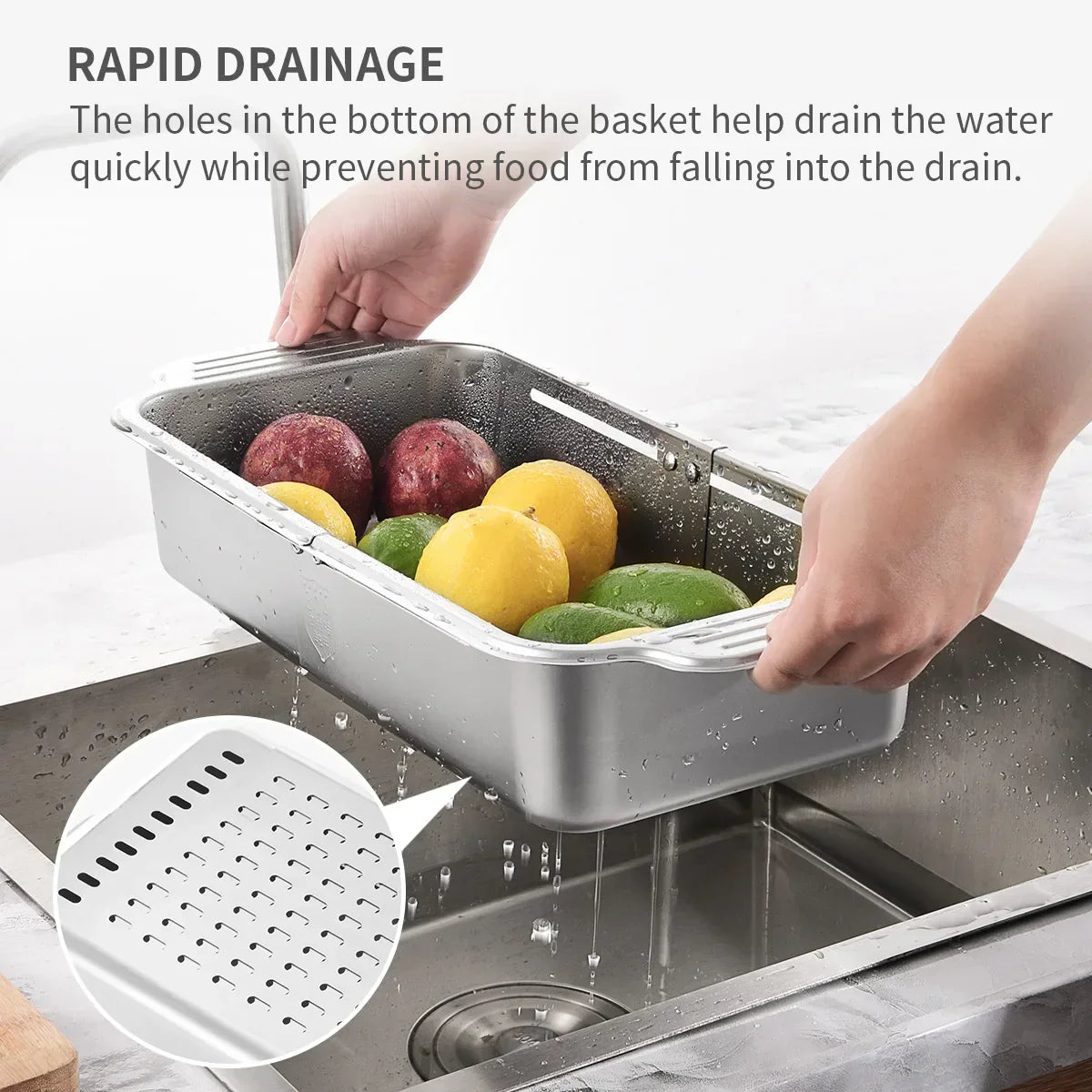 BowLift | Retractable Over Sink Stainless Steel Vegetable Drain Basket