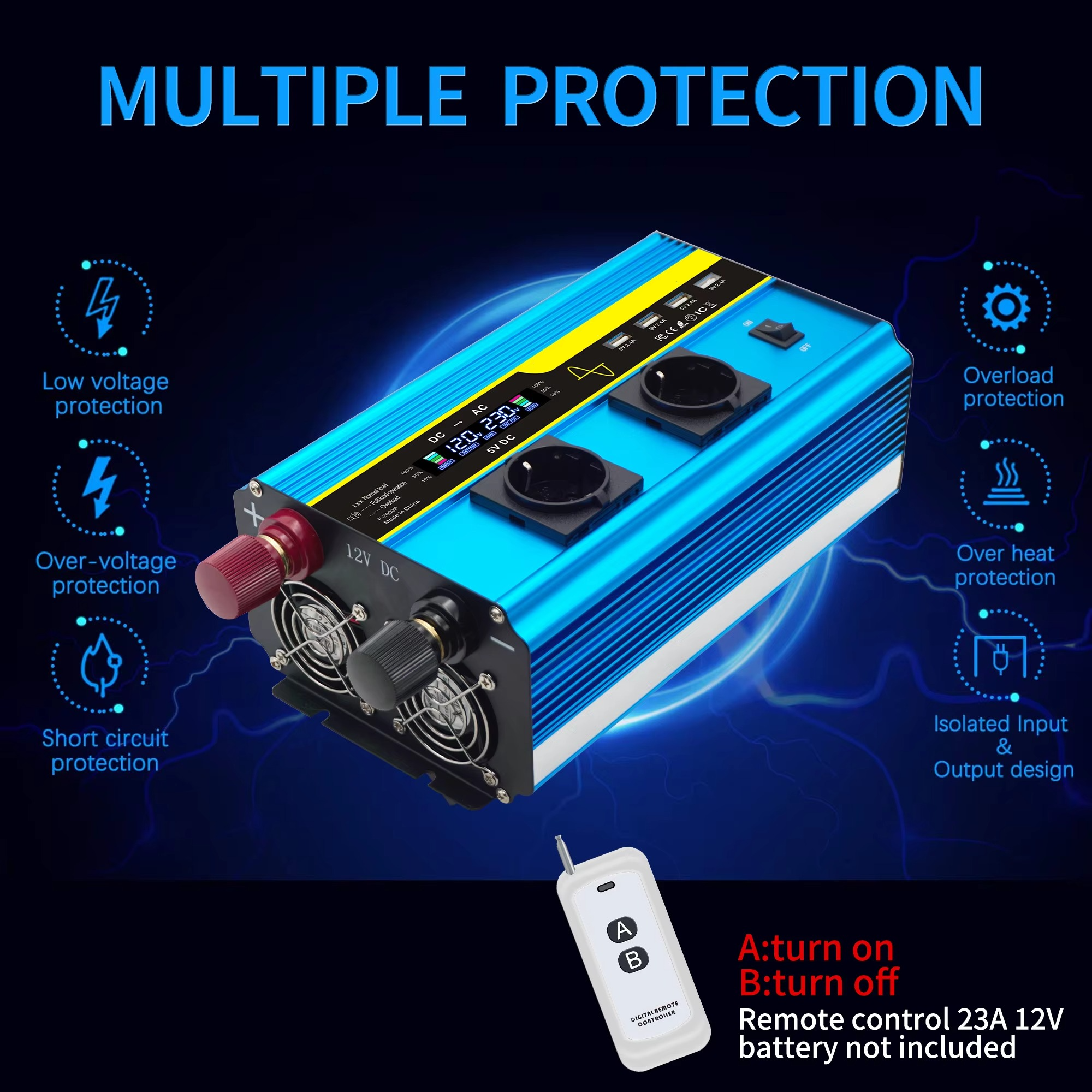BowLift | 4000W Pure Sine Wave Power Inverter 12V/24V DC to 110V/220V AC Converter for Car and Solar Systems