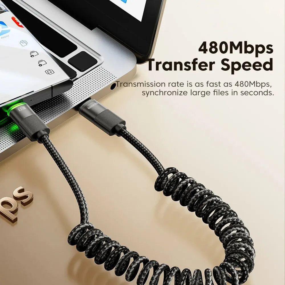 BowLift | PowerLinx USB-C Cable | 100W Fast Charging | Spiral Cable with LED | 1.8m Stretchable & Durable