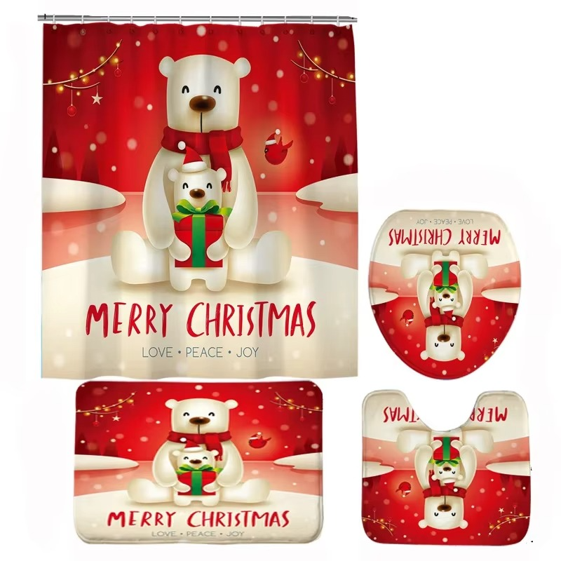 BowLift | Christmas Bathroom Set with Shower Curtain, Non-Slip Bath Mat, Toilet Lid Cover, and Rug – Santa, Bear, and Snowman Winter Design