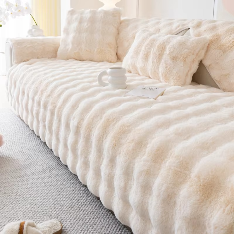 BowLift | Plush Bubble-Textured Faux Rabbit Fur Sofa Slipcover - Non-Slip Couch Cushion Cover for Living Room