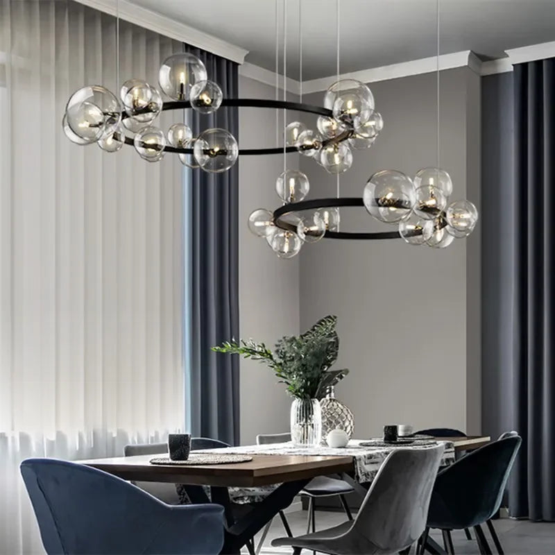 BowLift | Modern creative metal chandelier lighting: 7/10 clear glass bubbles, long round design with G9 light socket