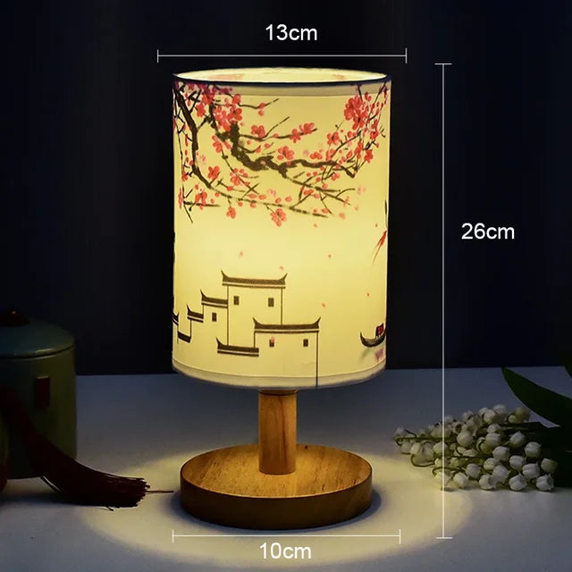BowLift | Dimmable LED bedside lamp with fabric shade in plum blossom – Perfect bedroom night lamp