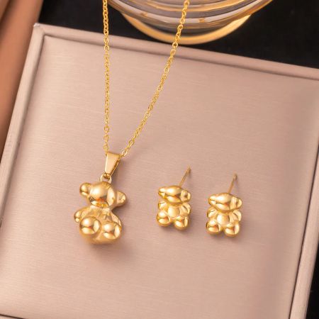 BowLift | Cute Bear Pendant Necklace and Earring Set for Women – Waterproof Stainless Steel Jewelry Gift