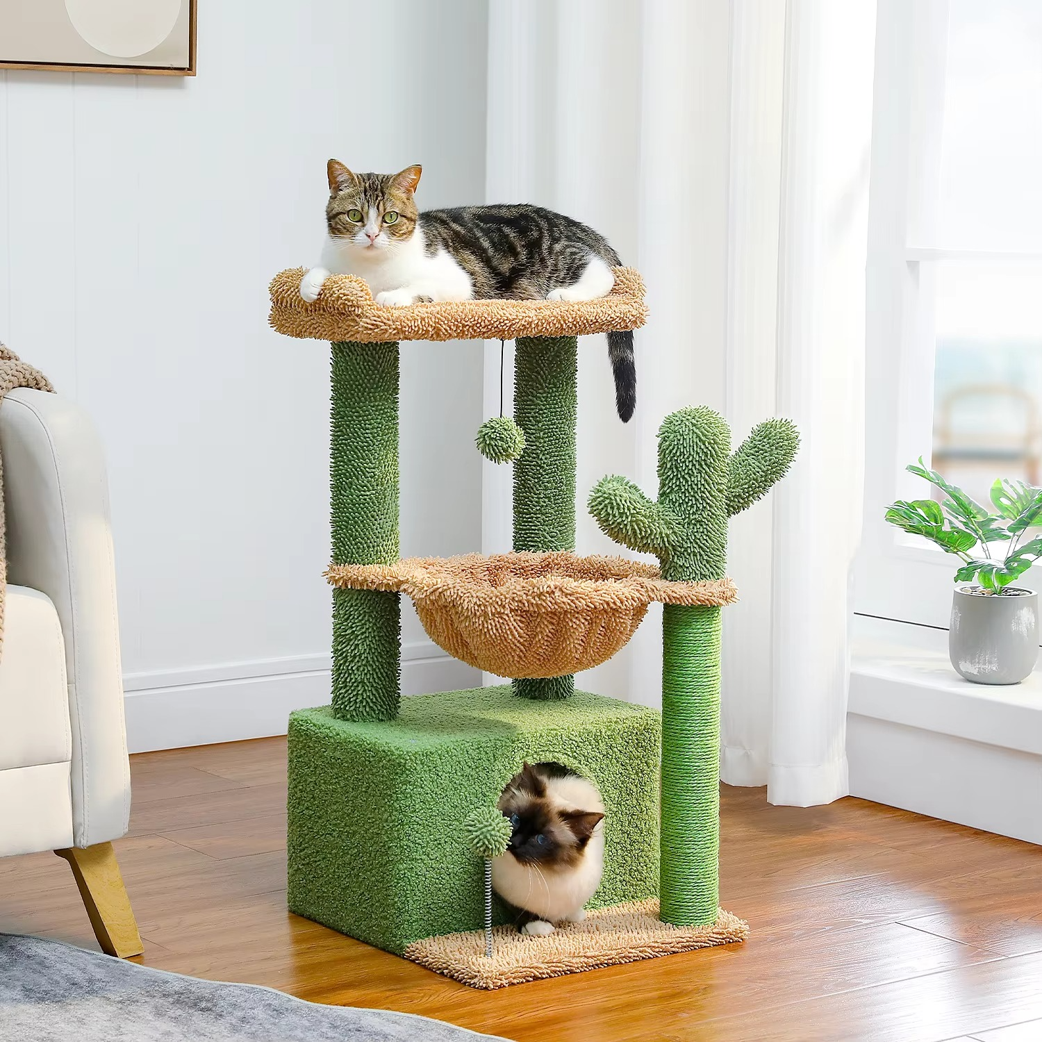 BowLift | Cactus Cat Tree Tower with Condo, Hammock, Scratching Post and Perch for Indoor Cats