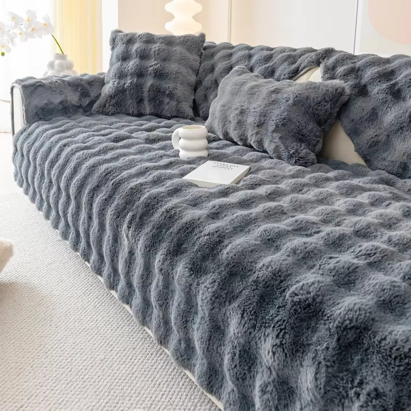 BowLift | Plush Bubble-Textured Faux Rabbit Fur Sofa Slipcover - Non-Slip Couch Cushion Cover for Living Room