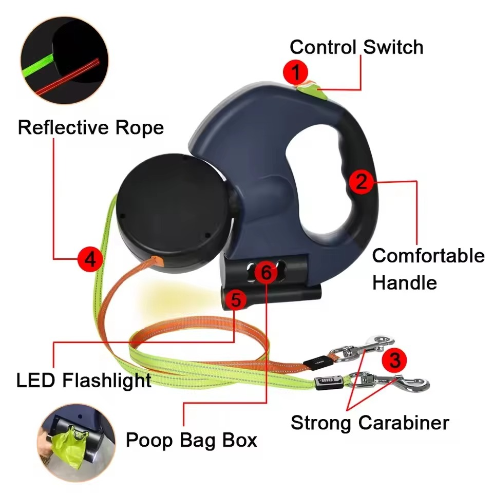 BowLift | Dual Dog Retractable Leash with Built-In Flashlight and Bag Dispenser