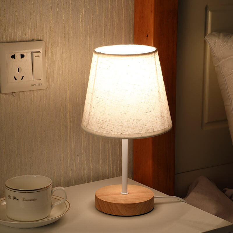 BowLift | Nordic Vintage Fabric Cone Solid Wood LED Table Lamp
