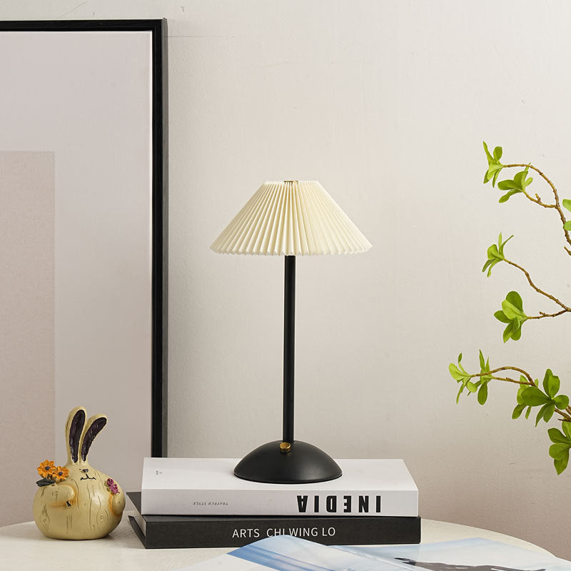 BowLift | Contemporary Scandinavian rechargeable iron fabric cone pleated LED table lamp for bedside