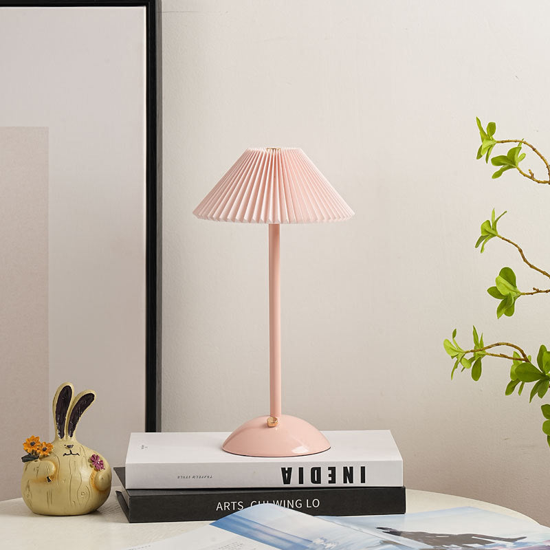 BowLift | Contemporary Scandinavian rechargeable iron fabric cone pleated LED table lamp for bedside