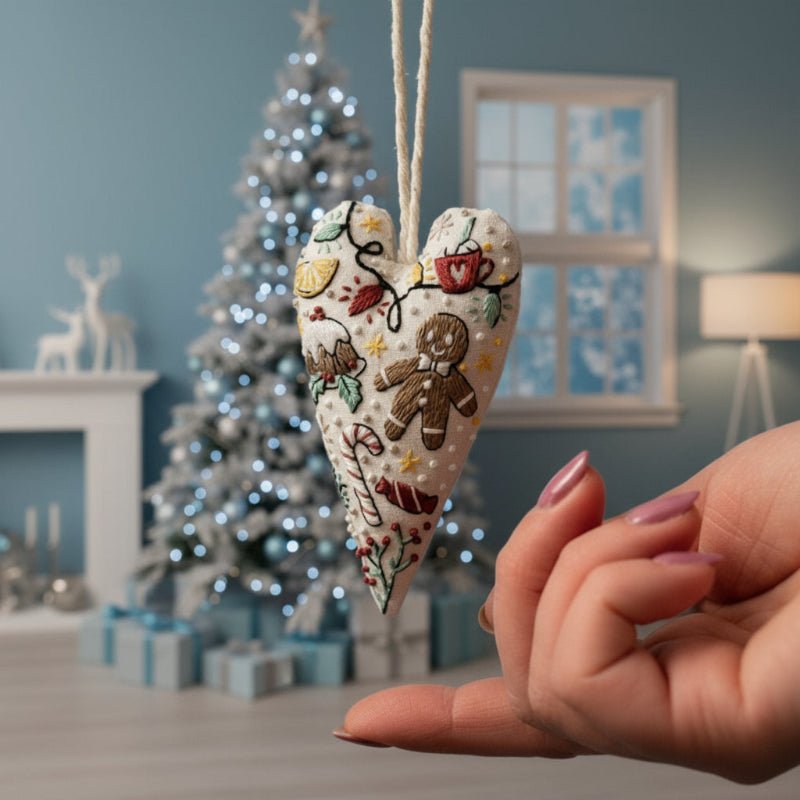 BowLift | DIY embroidery set for heart-shaped Christmas decorations with fabric, thread, and needles