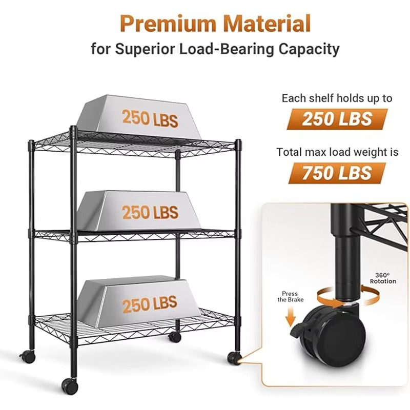 BowLift | Heavy Duty 3-Shelf Steel Storage Rack with Locking Wheels, Adjustable Height, 750 lb Capacity