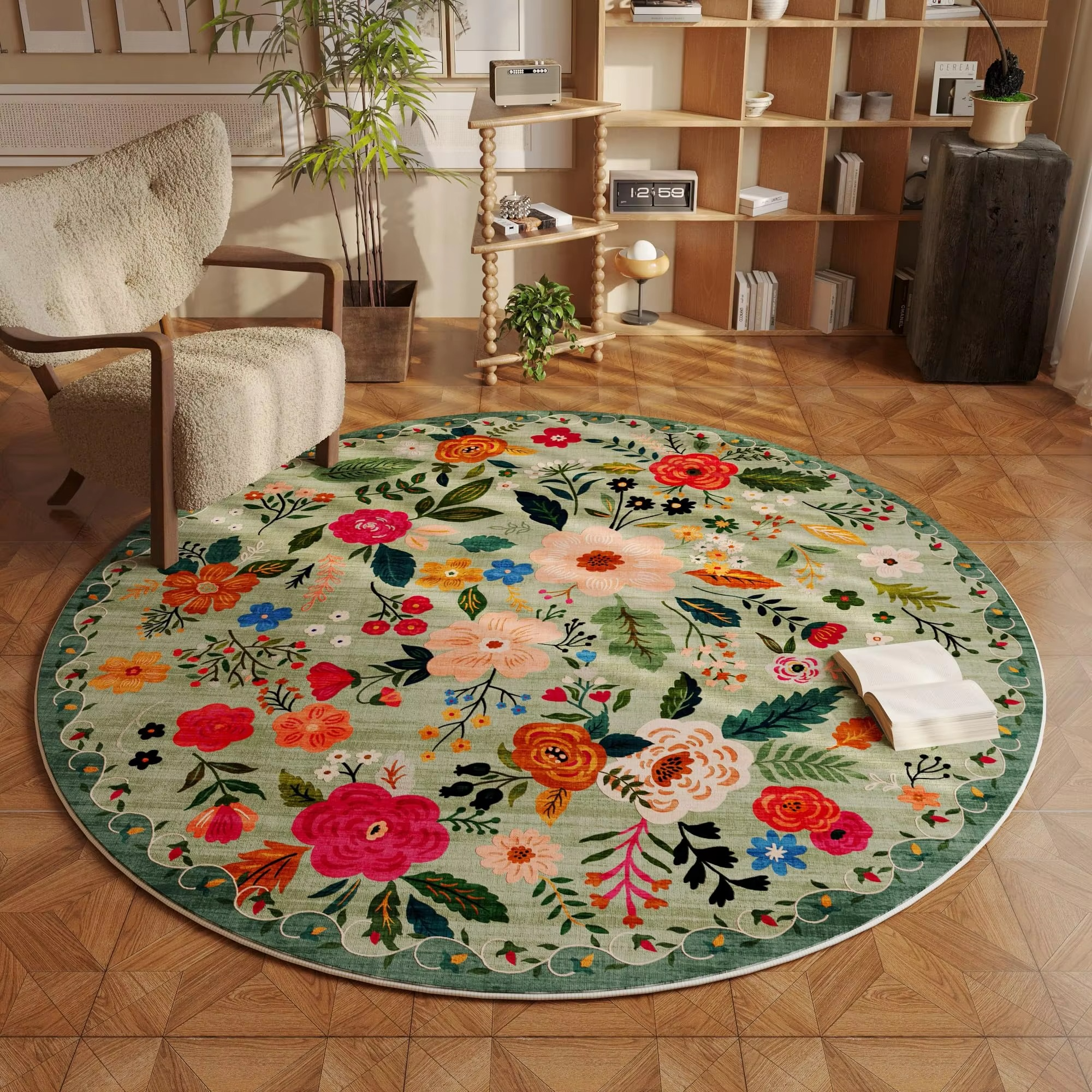 BowLift | Beige Round Floral Rug with Washable Non-Slip Backing, Fade Resistant for Living Room