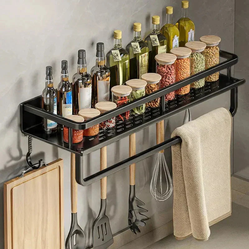 BowLift | Black Wall-Mounted Kitchen Rack – Spice Shelf with Utensil Hook Bar