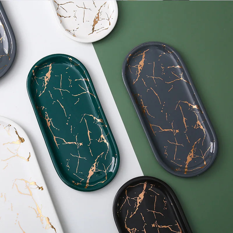 BowLift | Nordic Ins Ceramic Marble Oval Tray Jewelry Storage Tray Accessories Soap Holder Golden Wave Bathroom Cup Bath Decoration