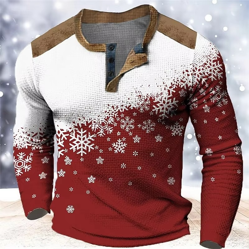BowLift | Christmas Snowflake Gradient 3D Print Henley Shirt for Men