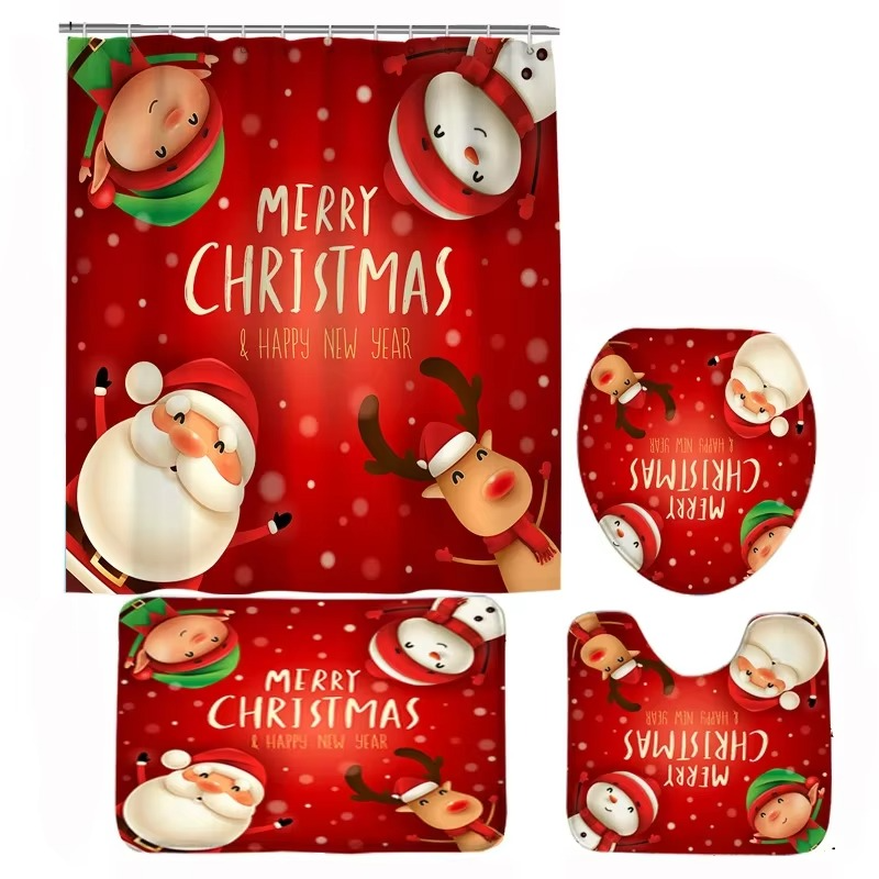 BowLift | Christmas Bathroom Set with Shower Curtain, Non-Slip Bath Mat, Toilet Lid Cover, and Rug – Santa, Bear, and Snowman Winter Design
