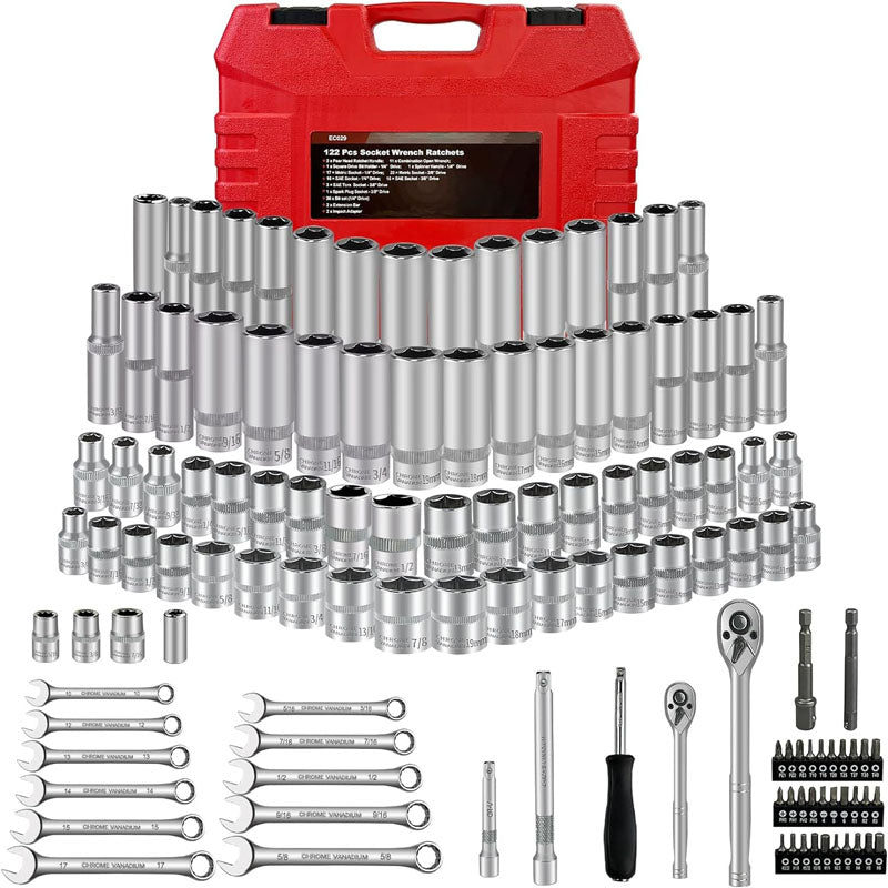 BowLift | 122Pcs 1/4" & 3/8” Socket & Socket Wrench Sets Ratchet Socket Wrench Set with Extention Bar Adapter Screw Bits Drive Bit Holder Spark Plug Socket CR-V