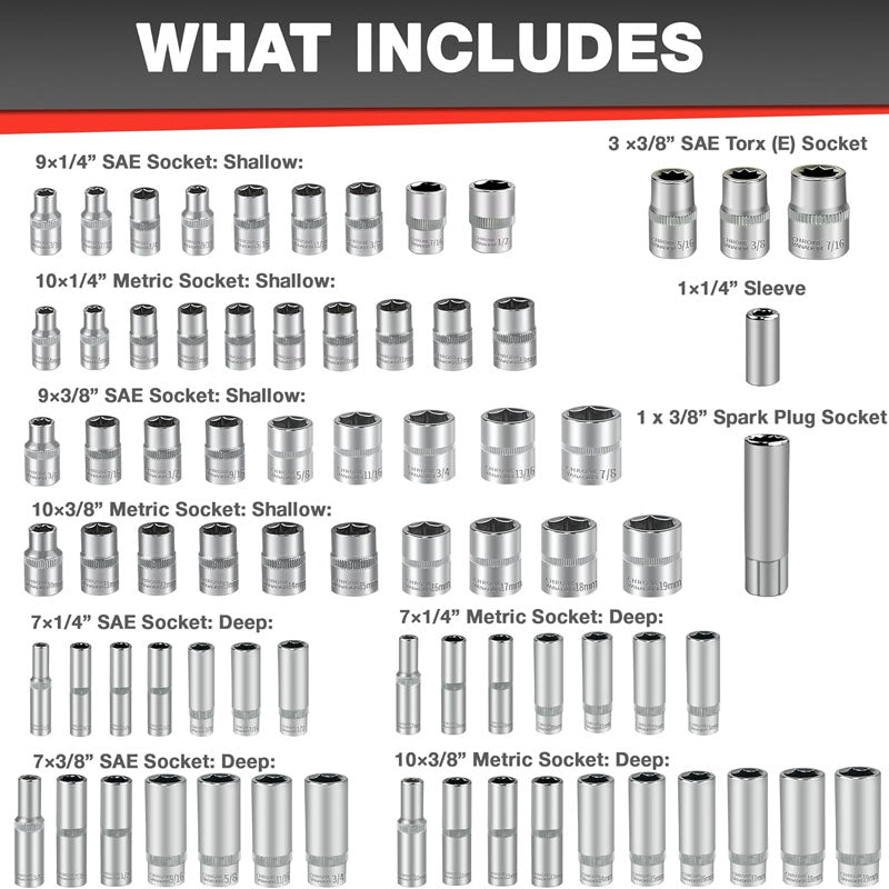 BowLift | 122Pcs 1/4" & 3/8” Socket & Socket Wrench Sets Ratchet Socket Wrench Set with Extention Bar Adapter Screw Bits Drive Bit Holder Spark Plug Socket CR-V