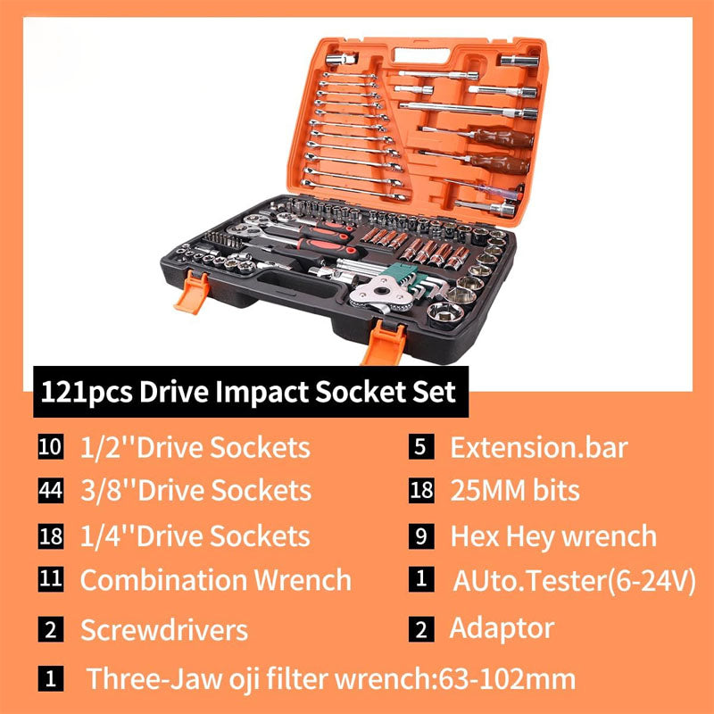 BowLift | 121 pcs 1/4" 3/8" 1/2" Socket & Socket Wrench Sets Mechanic Tool Set with 72 Ratchet Wrench  for Home and Auto Repair