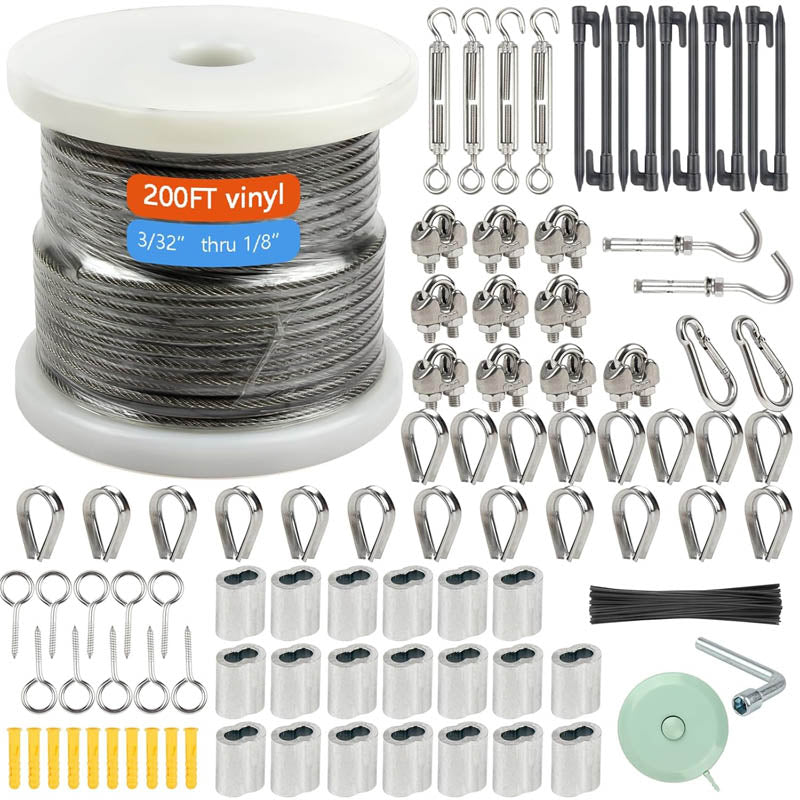 BowLift | Stainless Steel Cable 1/8" Wire Rope Kit 200FT Turnbuckles for Cables Wire for Handrail Stair Decking Fence Outdoors
