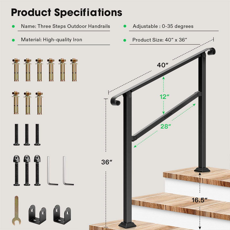 BowLift | Wrought Iron 3 Step Outdoor Stair Handrail, Step Safety Non-Slip Stair Handrail, Suitable For Garden Courtyard