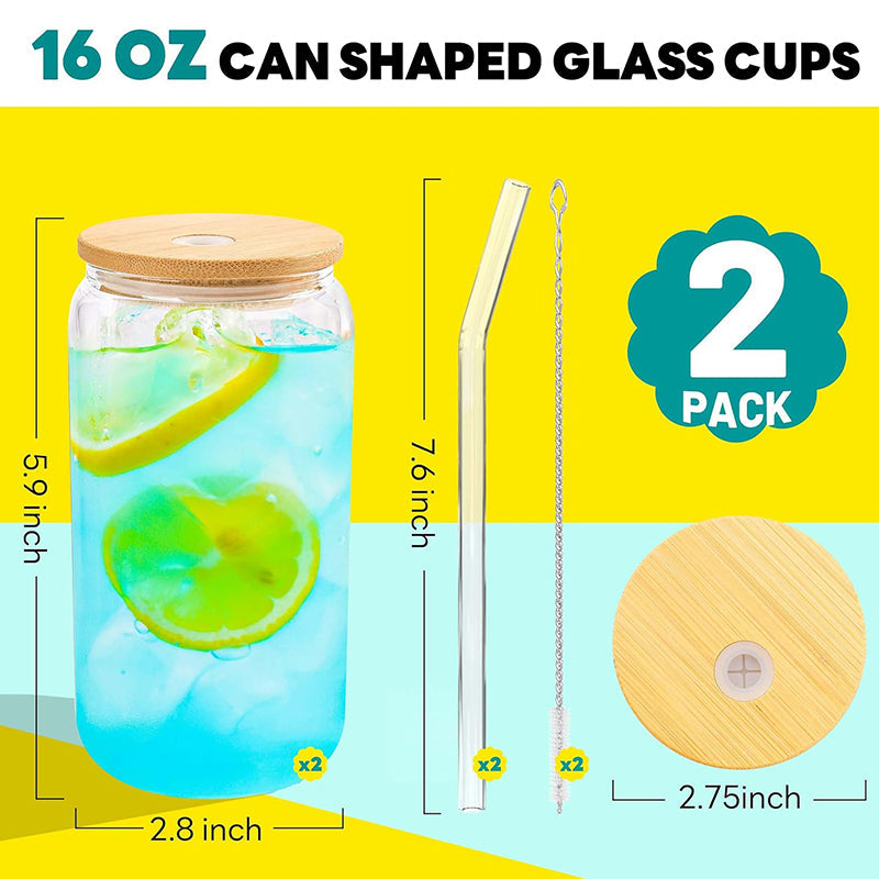 BowLift | 16 oz Glass Cups with Bamboo Lids and Straws Reusable Iced Coffee Cup Beer Can Drinking Jars for Smoothie Whiskey Boba Soda Tea
