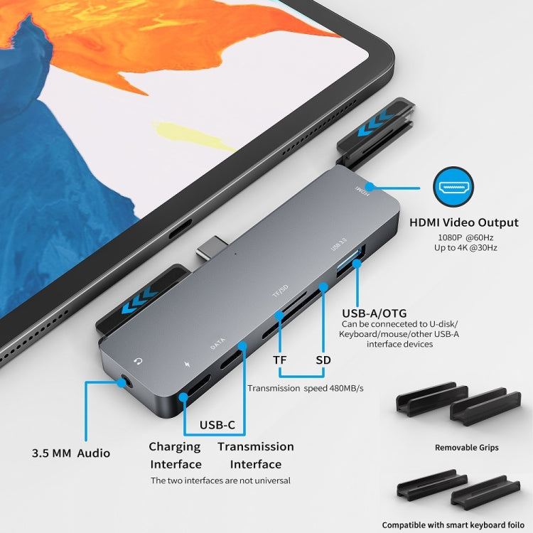 BowLift | For iPad Pro 7-in-1 HDMI 4K + 3.5 mm Audio + SD/TF + 1 USB 3.0 + USB-C/Type-C + PD USB-C Docking Station