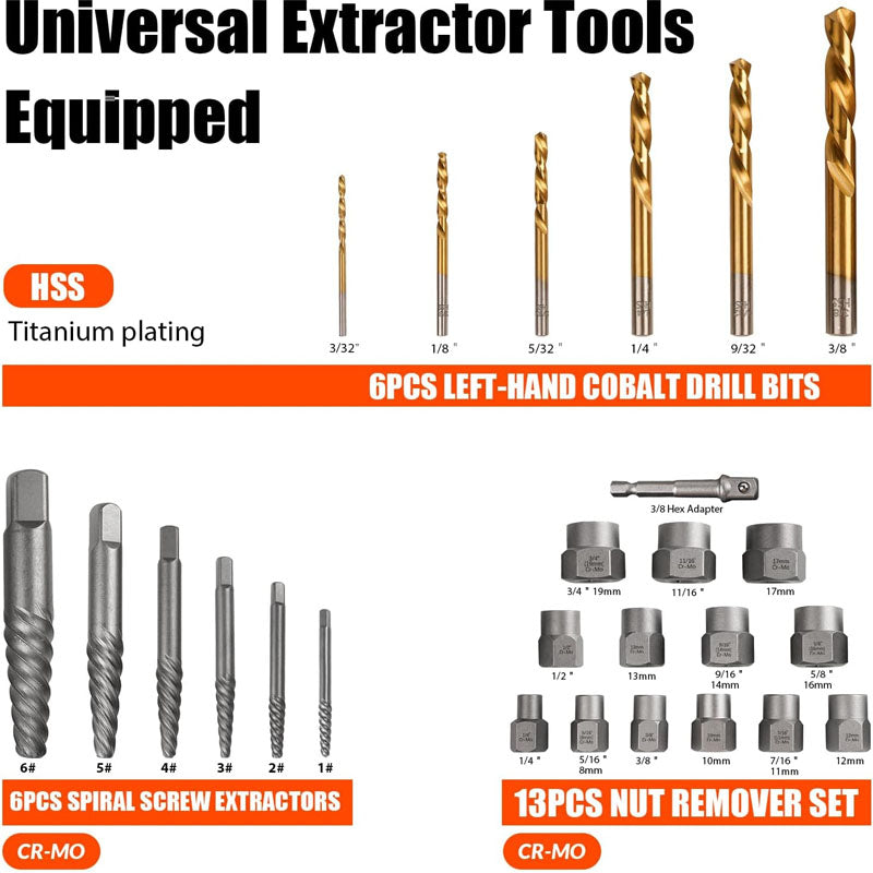 BowLift | Tap Extractors 26Pcs Bolt Extractor Kit and Left Handed Drill Bit for Damaged Stripped Broken Lug Nut Bolt and Nut Remove with Hex Adapter