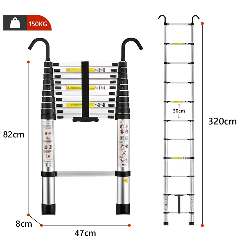 BowLift | Telescoping Ladder, Aluminum Alloy, 3.2 Meters, Non-Slip Folding Ladder, Multi-Purpose Ladder, Removable Handrails, Telescopic Ladder, Multi-Function Ladder, Maximum Load-Bearing Capacity 150 Kg