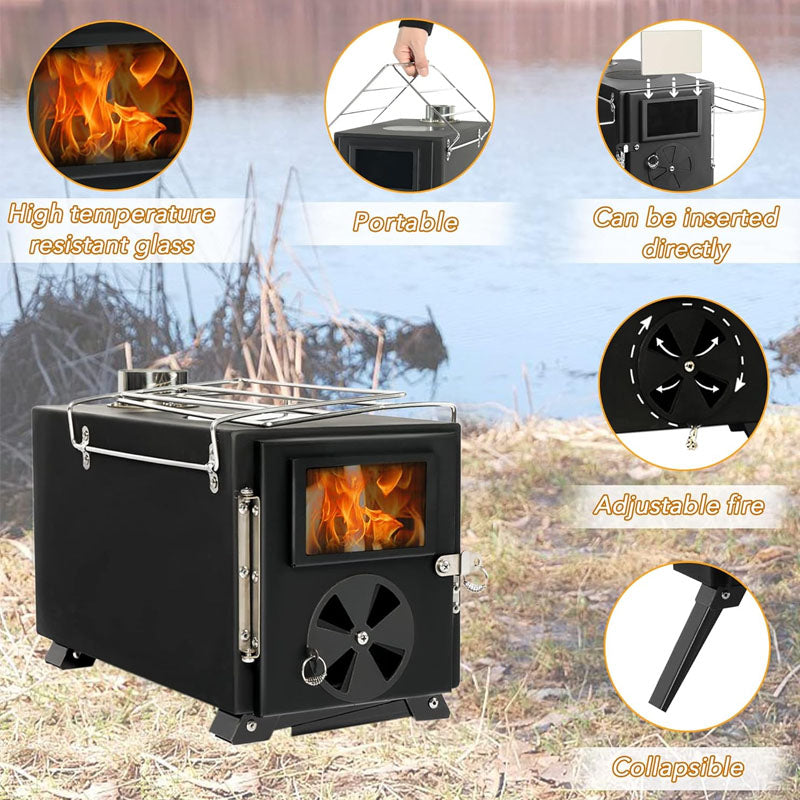 BowLift | Tent Wood Stove with Chimney Pipes & Gloves for Tent Camping Ice-fishing Cookout Hiking Travel with 7 Pipes