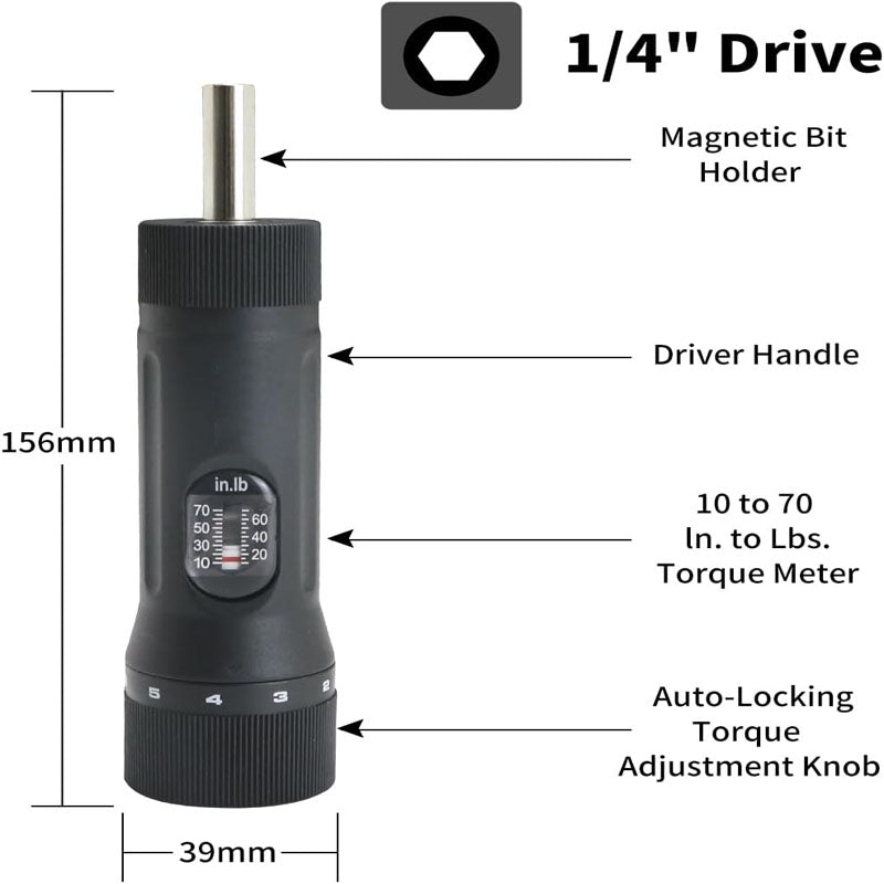 BowLift | 1/4" Drive Torque Screwdriver 10-70 in-lbs Torque Adjustment Range 10 Pieces Bits Set for Maintenance Tools Bike Repairing and Mounting