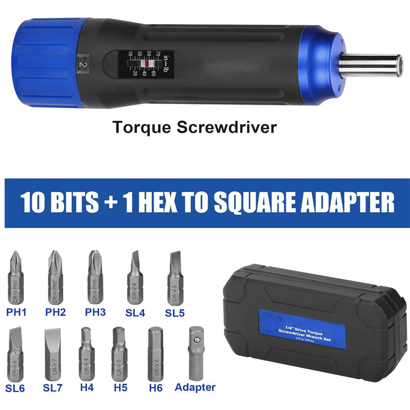 BowLift | 1/4 inch Drive Torque Screwdriver  Wrench 10 to 70 Inch Pounds Torque Wrench with Bits &Case