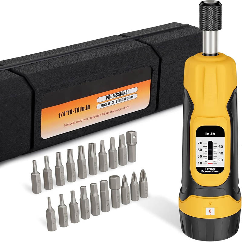 BowLift | 1/4”Torque Screwdriver 10-70 in-lbs Torque Wrench Screwdriver Set  with 20 S2 Bits and Case for Tools