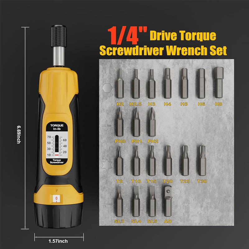 BowLift | 1/4”Torque Screwdriver 10-70 in-lbs Torque Wrench Screwdriver Set  with 20 S2 Bits and Case for Tools