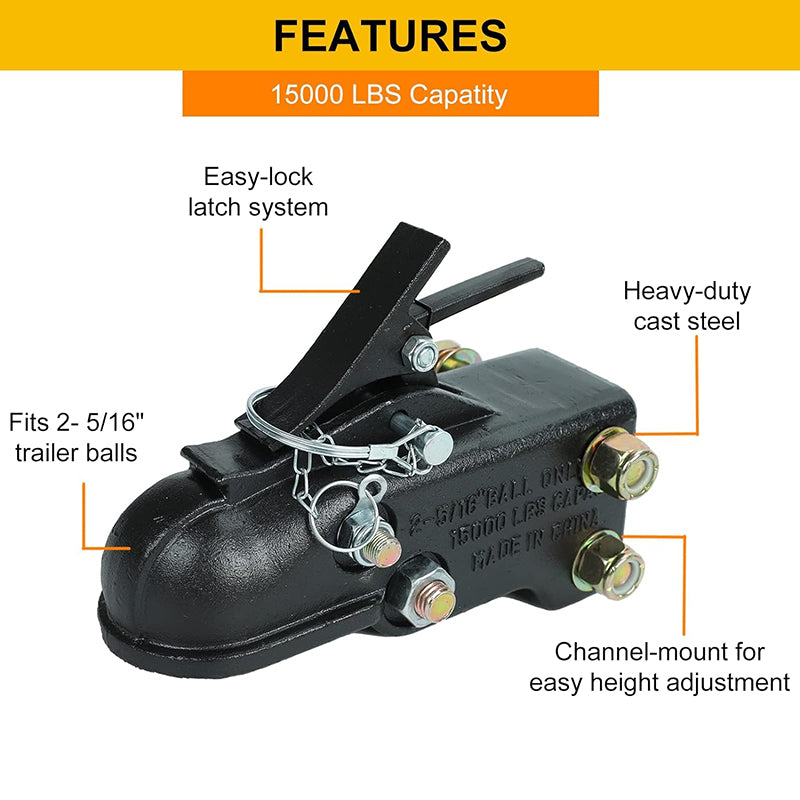 BowLift | 15000LBS Capacity Channel-Mount Coupler with Hardware Kit Heavy Duty Cast Adjustable Trailer Coupler 2-5/16 in