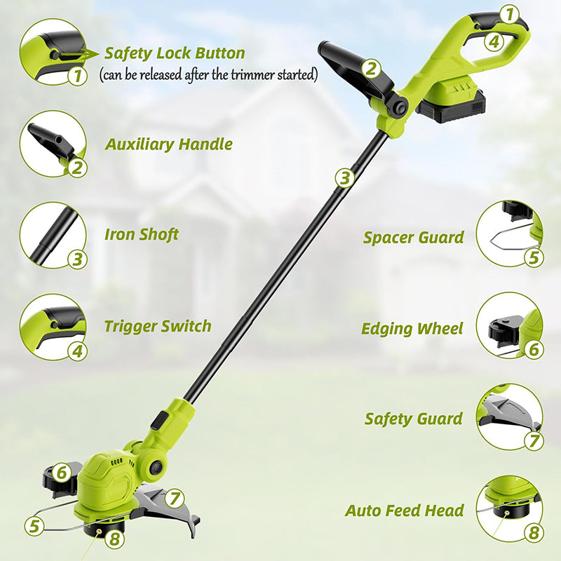 BowLift | 12-inch 20V Cordless String Trimmer Auto Line Feed Lawn Edger with 8 Pcs Grass Cutter Spool Line and 2 Spool Cap