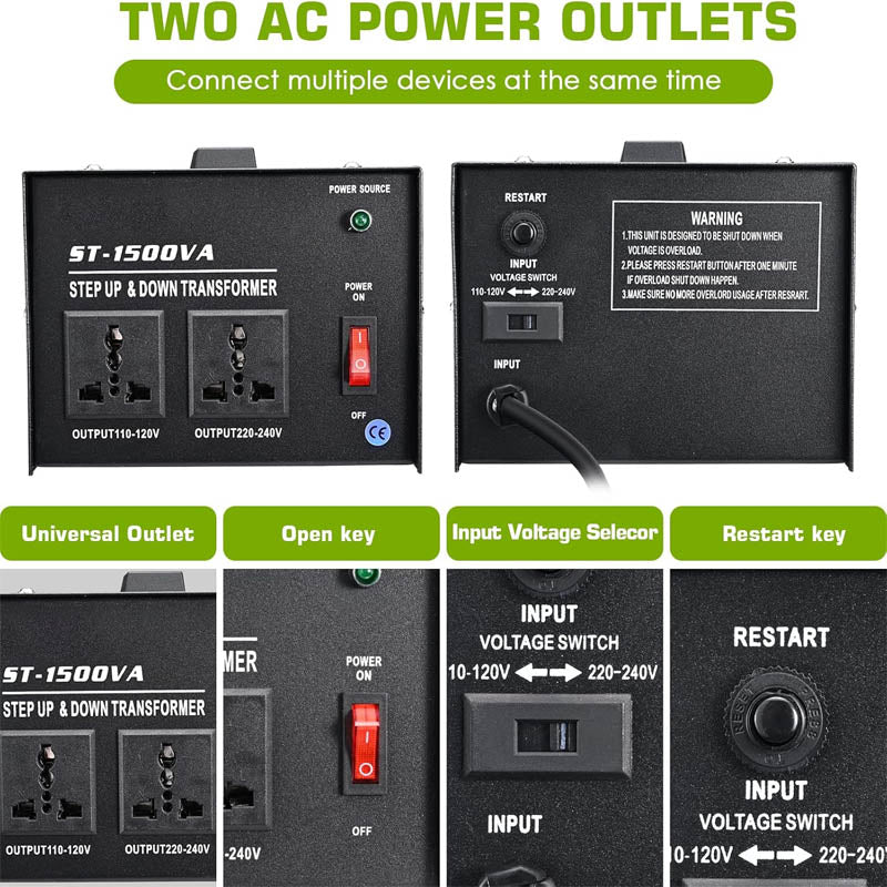 BowLift | Voltage Converter Transformer 1500W Heavy Duty Step Up/Down Transformer 110 / 220V