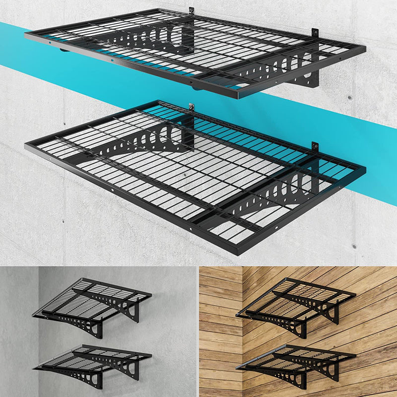 BowLift | Wall Mounted Garage Storage Shelving 2 Pack 2x3ft Loads 500 lbs Strong Garage Organiser Adjustable Shelf Heavy Duty Sturdy Wall Shelves